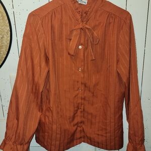 Orange Mandarin Collar Tie Front Blouse